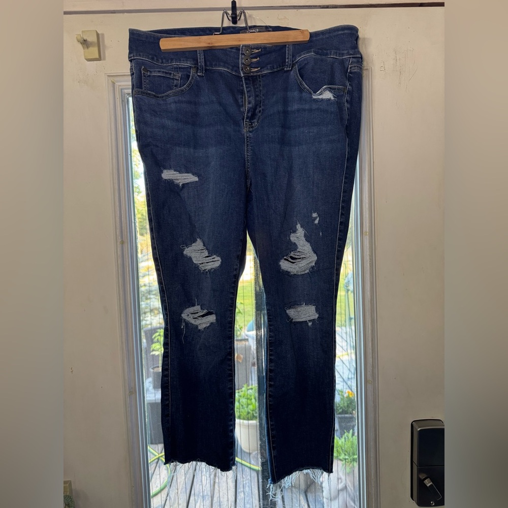 Torrid Dark Blue Distressed Straight Leg Jeans